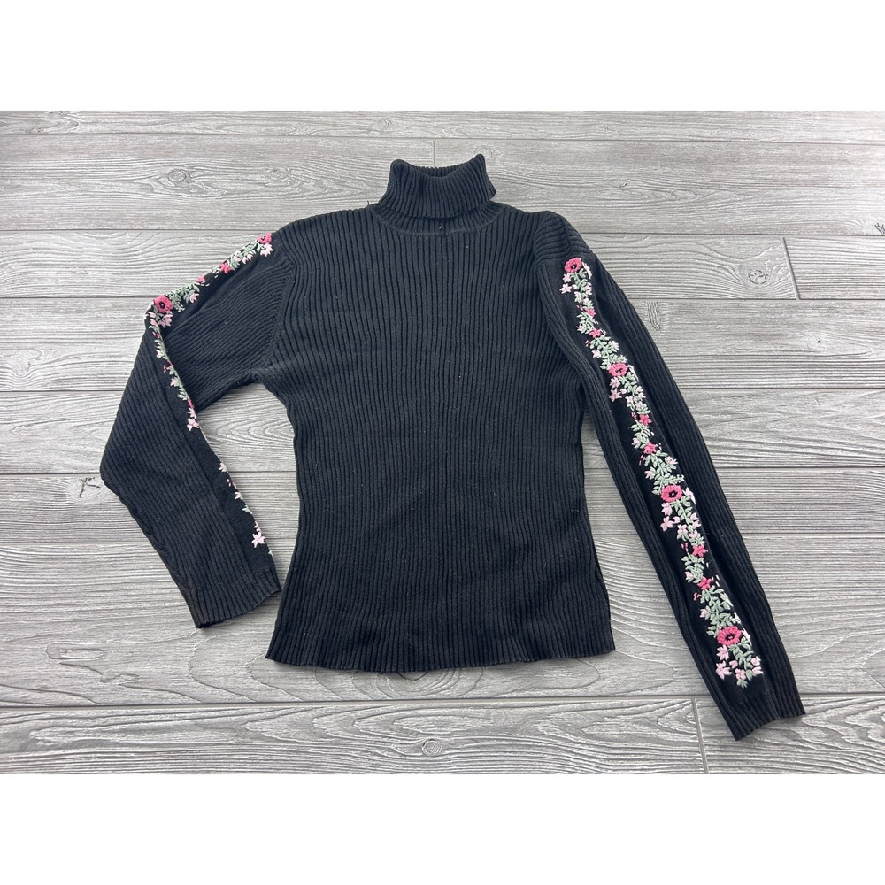 Christopher Banks Black Ribbed Turtleneck Sweater Floral Embroidered Sleeves XL